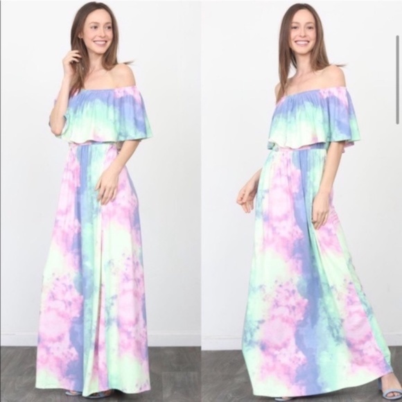 04 Bohemian Multicolor Tie Dye Off Shoulder Ruffle Maxi Dress - Picture 2 of 3